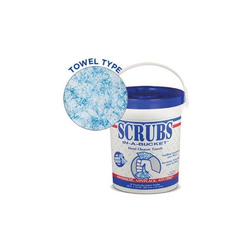 Picture of Scrubs In-a Bucket Hand Cleaner towels 10" x 12", Colorless to Blue/White, 70 Towel 6/CS
